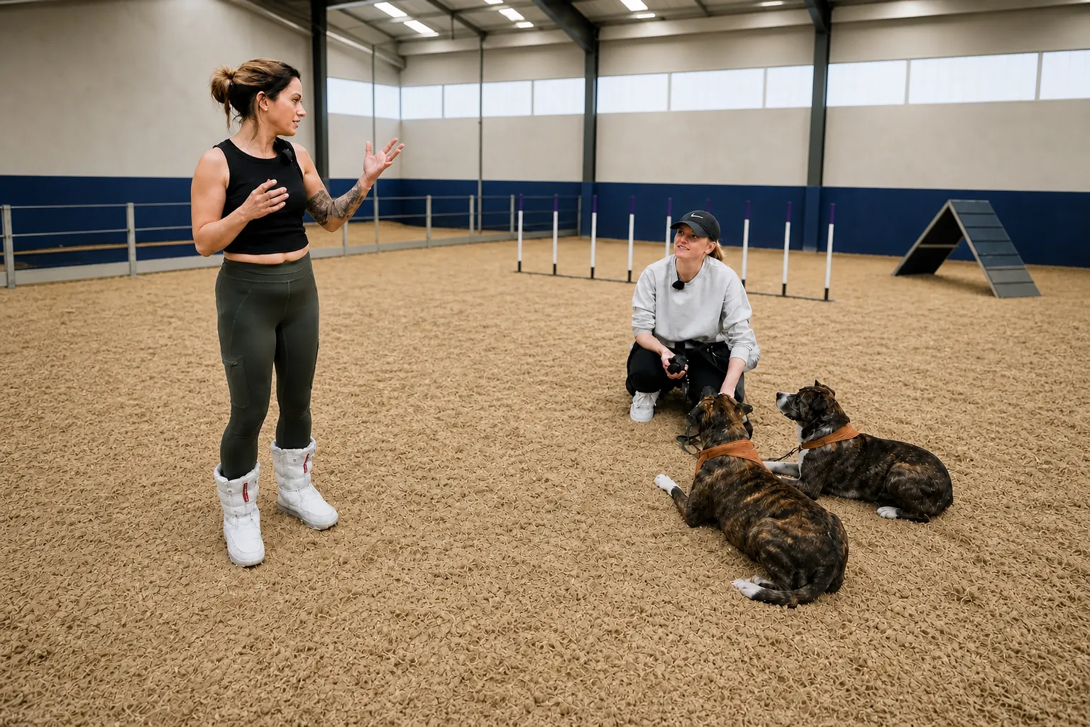 Trainer talking with another trainer and a brindle dog in an indoor training arena